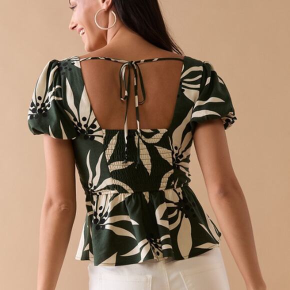 Francescas Mi Ami Nina Linen Blend Twist Front Tropical Floral Peplum‎ Blouse M - Picture 2 of 10
